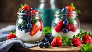 jar of organic yogurt with strawberries, blueberries and mint in the kitchen photo