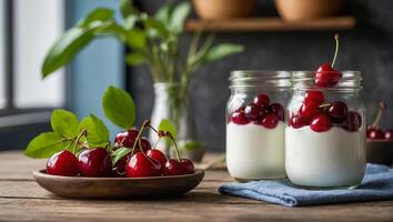 tarro de yogur con cerezas en el cocina foto