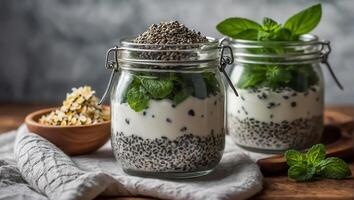 tarro de yogur con menta y chia semillas en el cocina foto