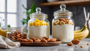 jar of yogurt with banana and almonds in the kitchen photo