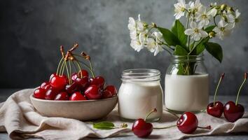 jar of yogurt with cherries in the kitchen photo
