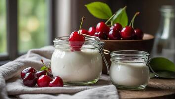 tarro de yogur con cerezas en el cocina foto
