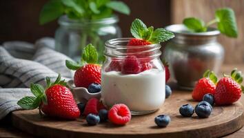 jar of organic yogurt with strawberries, blueberries and mint in the kitchen photo