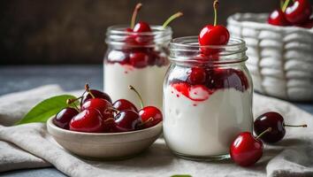 jar of yogurt with cherries in the kitchen photo