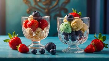 ice cream balls with strawberries, blueberries in glass bowls photo