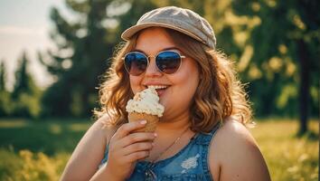 Portrait of a happy very fat girl with ice cream on the street in summer photo