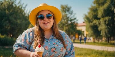 Portrait of a happy very fat girl with ice cream on the street in summer photo