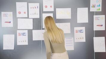 Thoughtful businesswoman looking charts video