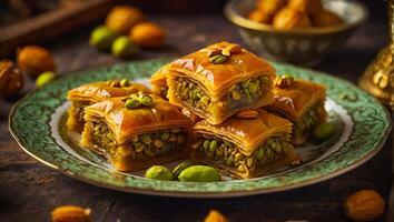 dulce baklava con nueces en un plato foto