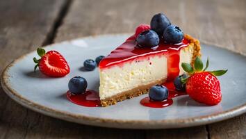 delicious cheesecake with berries on the table photo