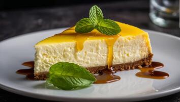 delicious cheesecake with lemon on the table bakery photo