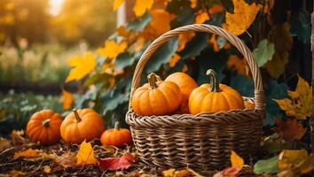 beautiful ripe pumpkins in a basket in nature photo