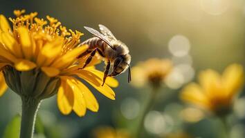 bee on a beautiful flower, macro photo