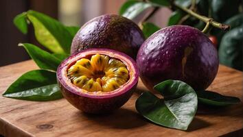 Ripe organic passion fruit on wooden background photo