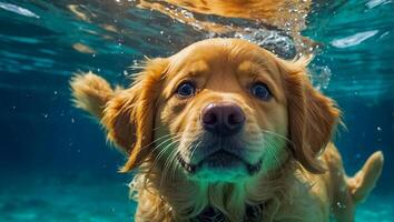 cute dog swims underwater photo