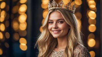 Beautiful blonde woman in golden crown photo