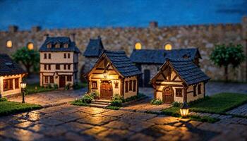 miniatura escena de medieval taberna edificio a noche, foto