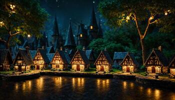 miniature scene of fantasy medieval building village at night, photo