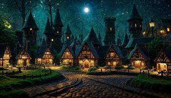 miniature scene of fantasy medieval building village at night, photo