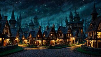 miniature scene of fantasy medieval building village at night, photo