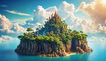 miniature scene of fantasy island with cloud sky, photo