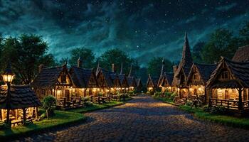 miniatura escena de fantasía medieval edificio pueblo a noche, foto