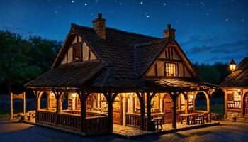 miniature scene of medieval tavern building at night, photo