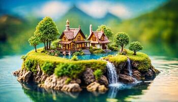 miniature scene of fantasy island with cloud sky, photo