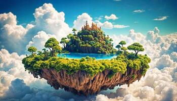 miniature scene of fantasy island with cloud sky, photo