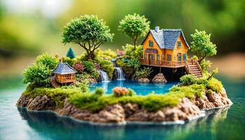 miniature scene of fantasy island with cloud sky, photo