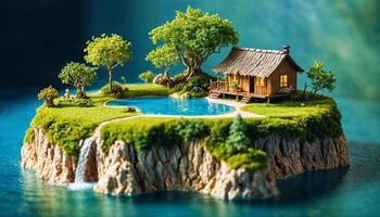 miniature scene of fantasy island with cloud sky, photo