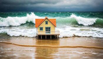 miniature scene of tiny house of sand beach island, photo