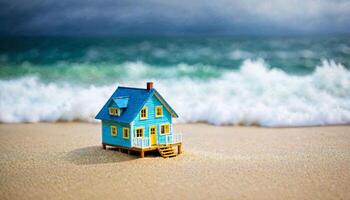 miniature scene of tiny house of sand beach island, photo