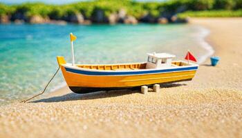 miniature scene of boat and sand beach island, photo