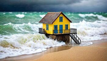 miniature scene of tiny house of sand beach island, photo