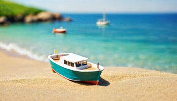 miniature scene of boat and sand beach island, photo