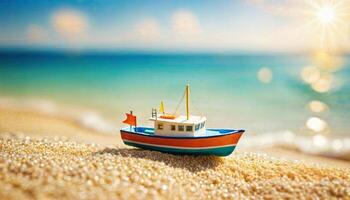 miniature scene of boat and sand beach island, photo