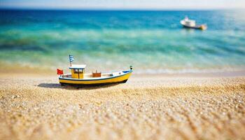 miniature scene of boat and sand beach island, photo