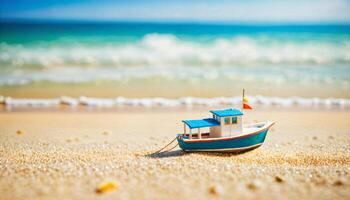 miniature scene of boat and sand beach island, photo