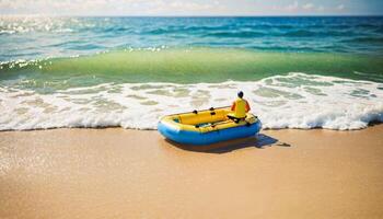 miniatura escena de balsa rescate flotador barco y arena playa isla, foto