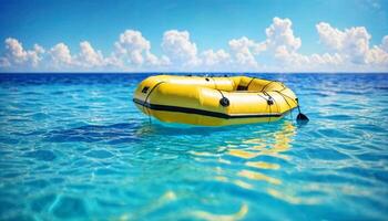 miniature scene of raft rescue float boat and sand beach island, photo