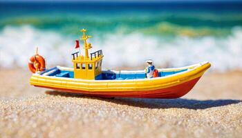 miniature scene of boat and sand beach island, photo