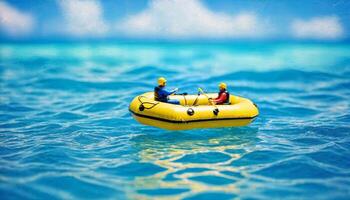 miniatura escena de balsa rescate flotador barco y arena playa isla, foto