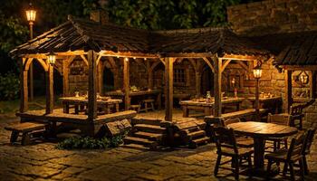 miniature scene of medieval tavern building at night, photo