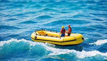 miniatura escena de balsa rescate flotador barco y arena playa isla, foto