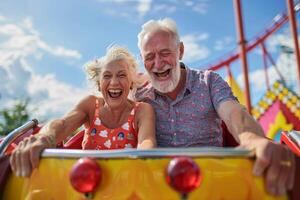 AI generated Senior couple riding roller coaster in amusement park photo