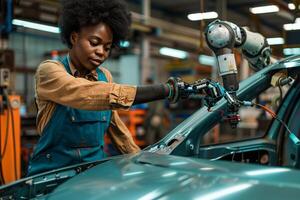 AI generated Woman mechanic with robot hand repairing car photo