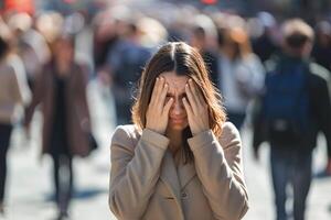 AI generated Depressed woman walking alone in busy city photo