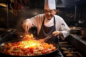 ai generado asiático cocinero Cocinando chino comida en cocina foto