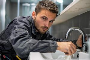 AI generated Plumber fixing kitchen faucet photo